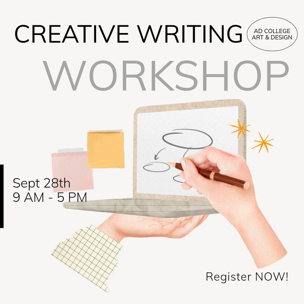 Creative writing workshop post template, editable social media design