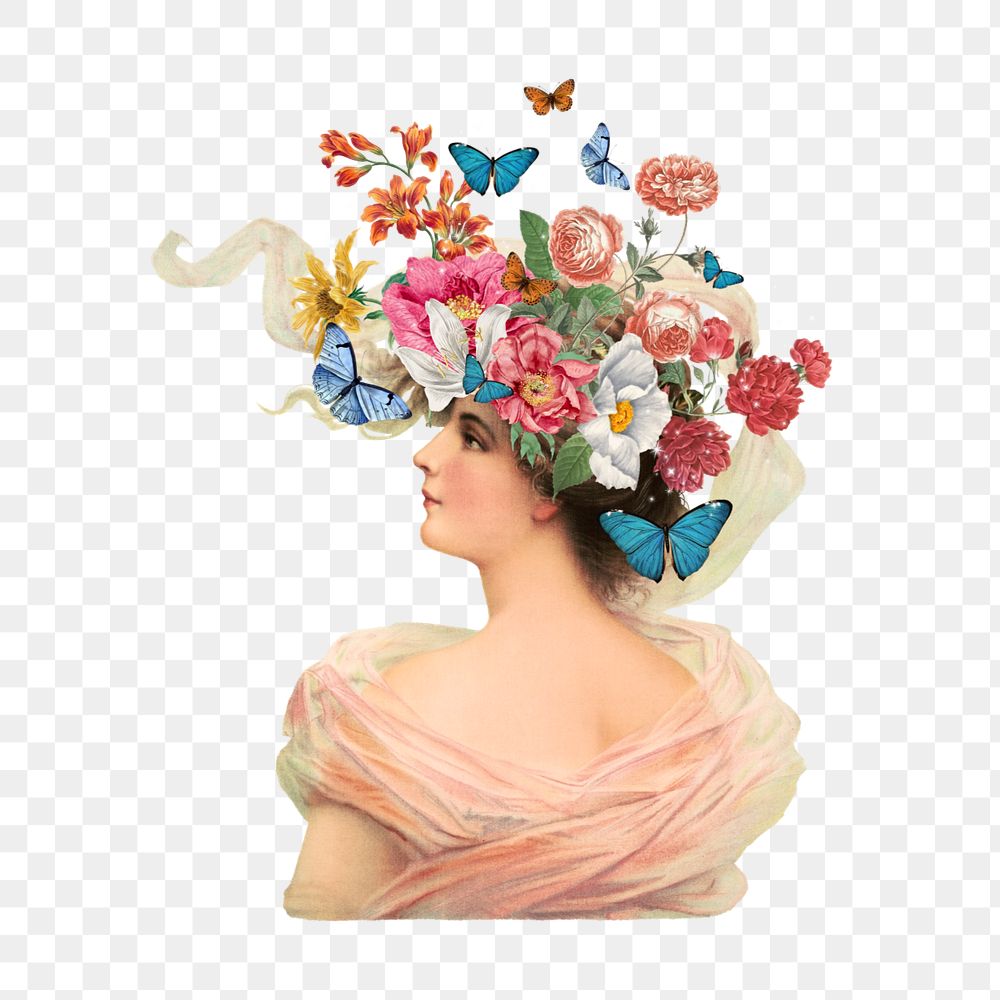 Flower headed woman png, editable mental health collage. Remixed by rawpixel.