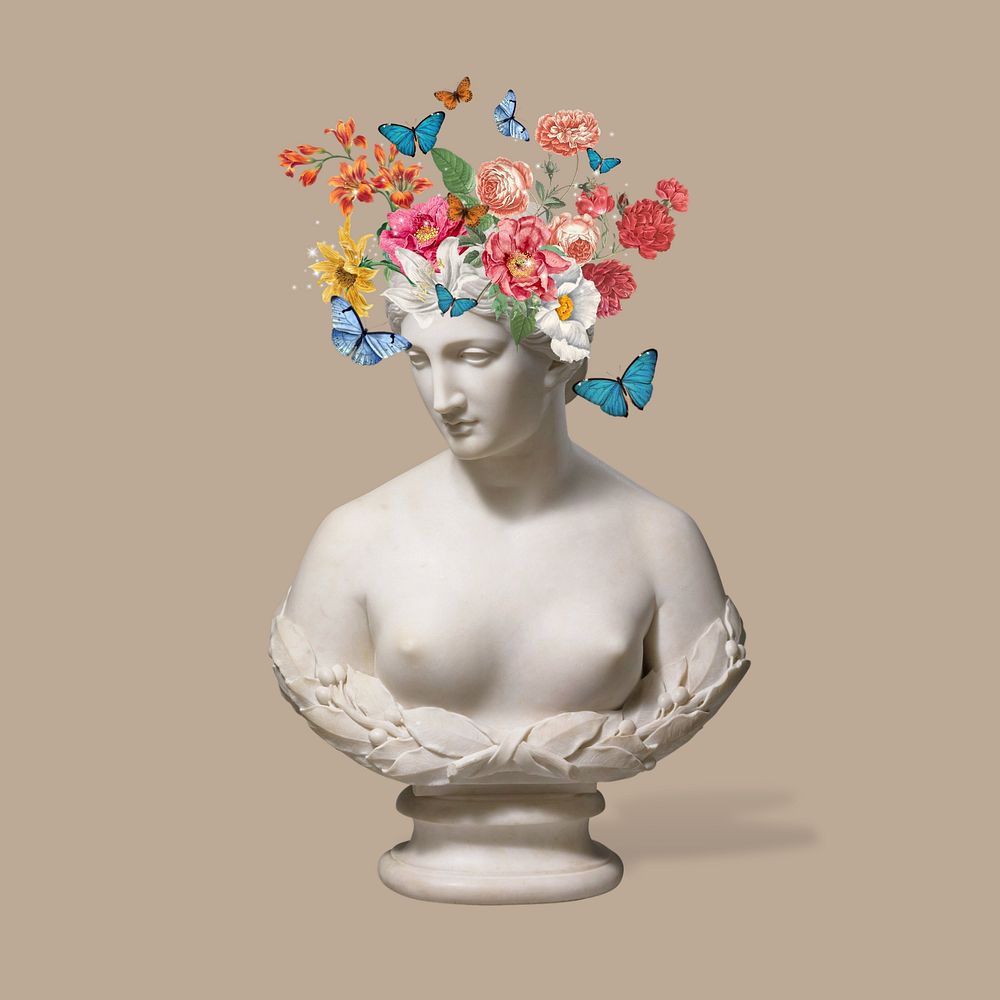 Flower headed sculpture, editable mental health collage. Remixed by rawpixel.