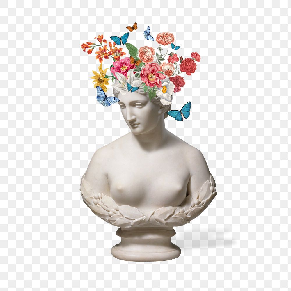 Flower headed sculpture png, editable mental health collage. Remixed by rawpixel.