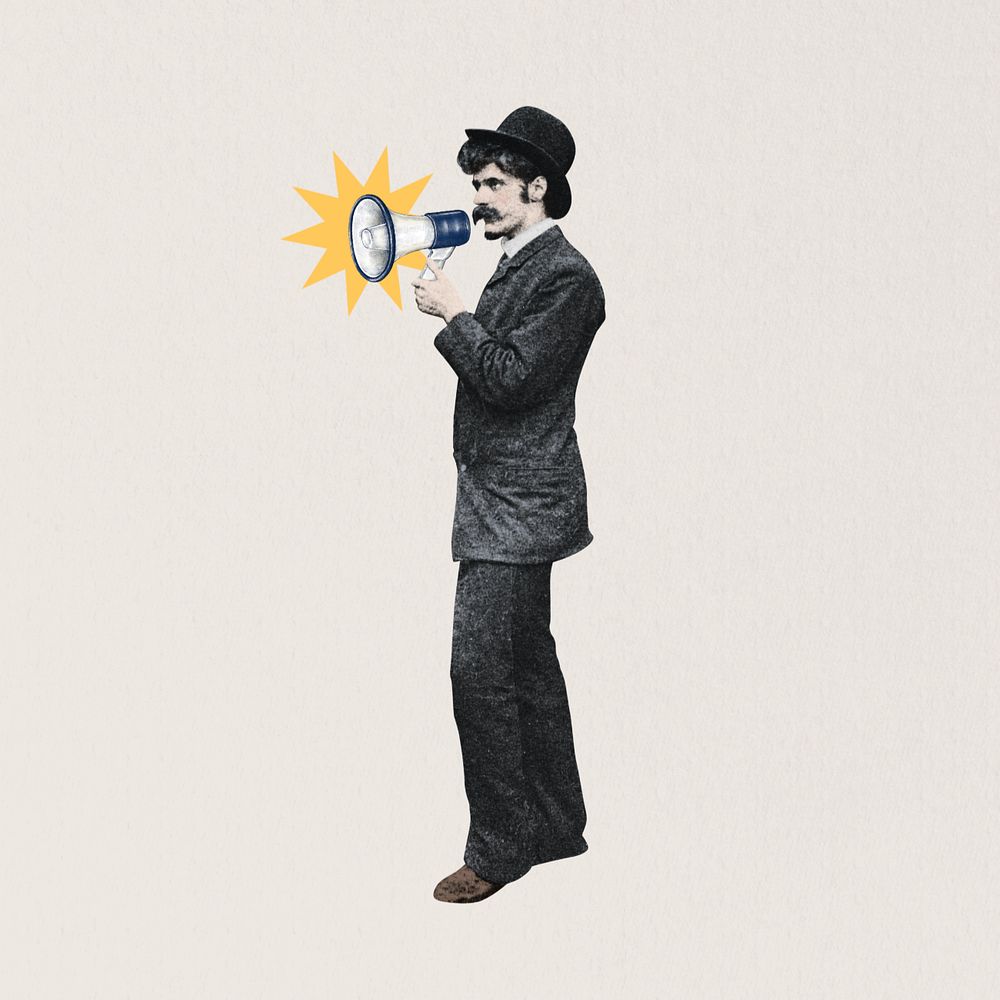 Businessman holding megaphone, editable vintage. Remixed by rawpixel.