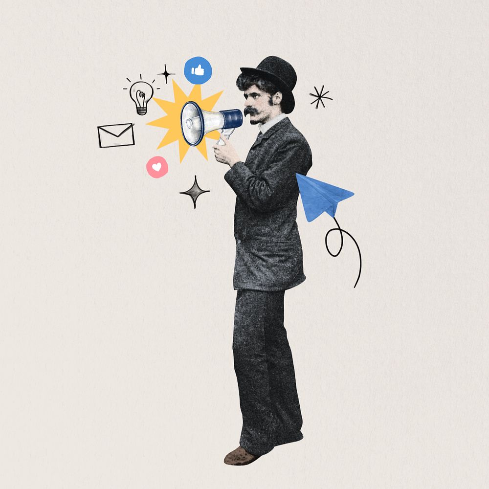 Man holding megaphone, editable social media. Remixed by rawpixel.