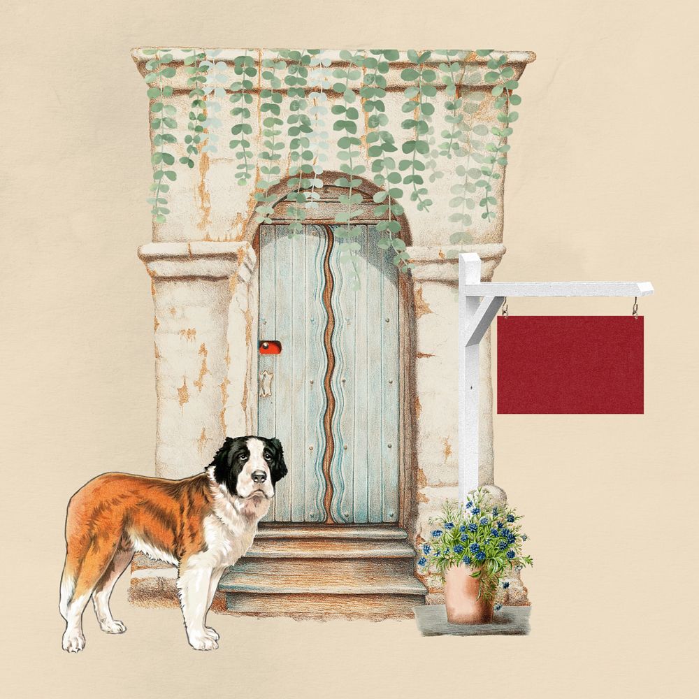 Vintage cafe entrance, editable dog collage. Remixed by rawpixel.