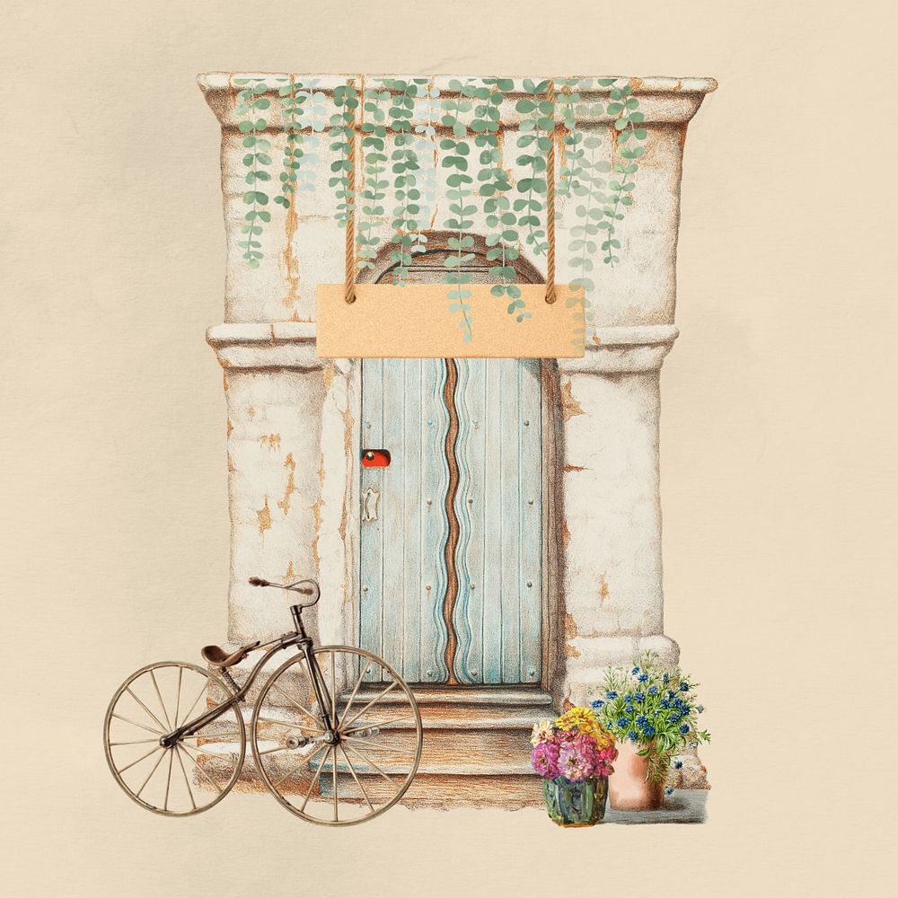 Vintage cafe entrance, editable bicycle collage. Remixed by rawpixel.