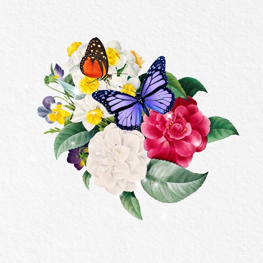 Colorful butterfly and flowers, aesthetic remix, editable design