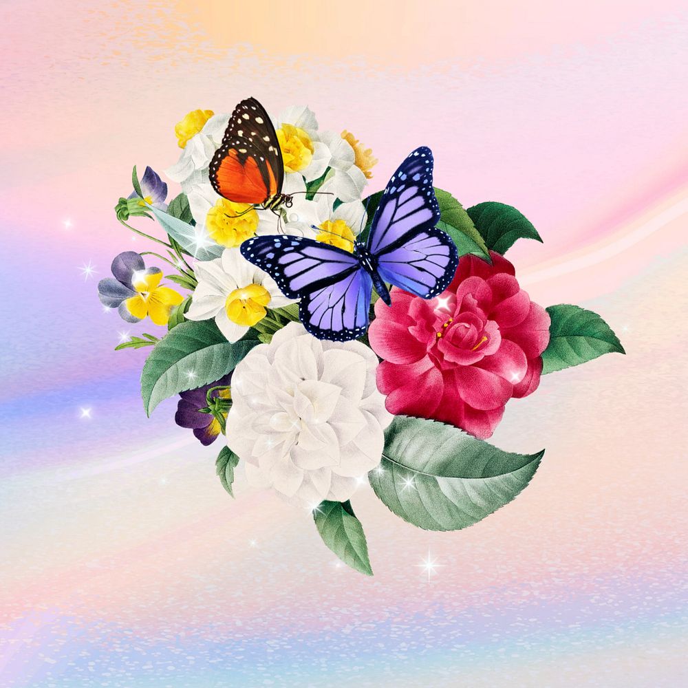 Colorful butterfly and flowers, aesthetic remix, editable design