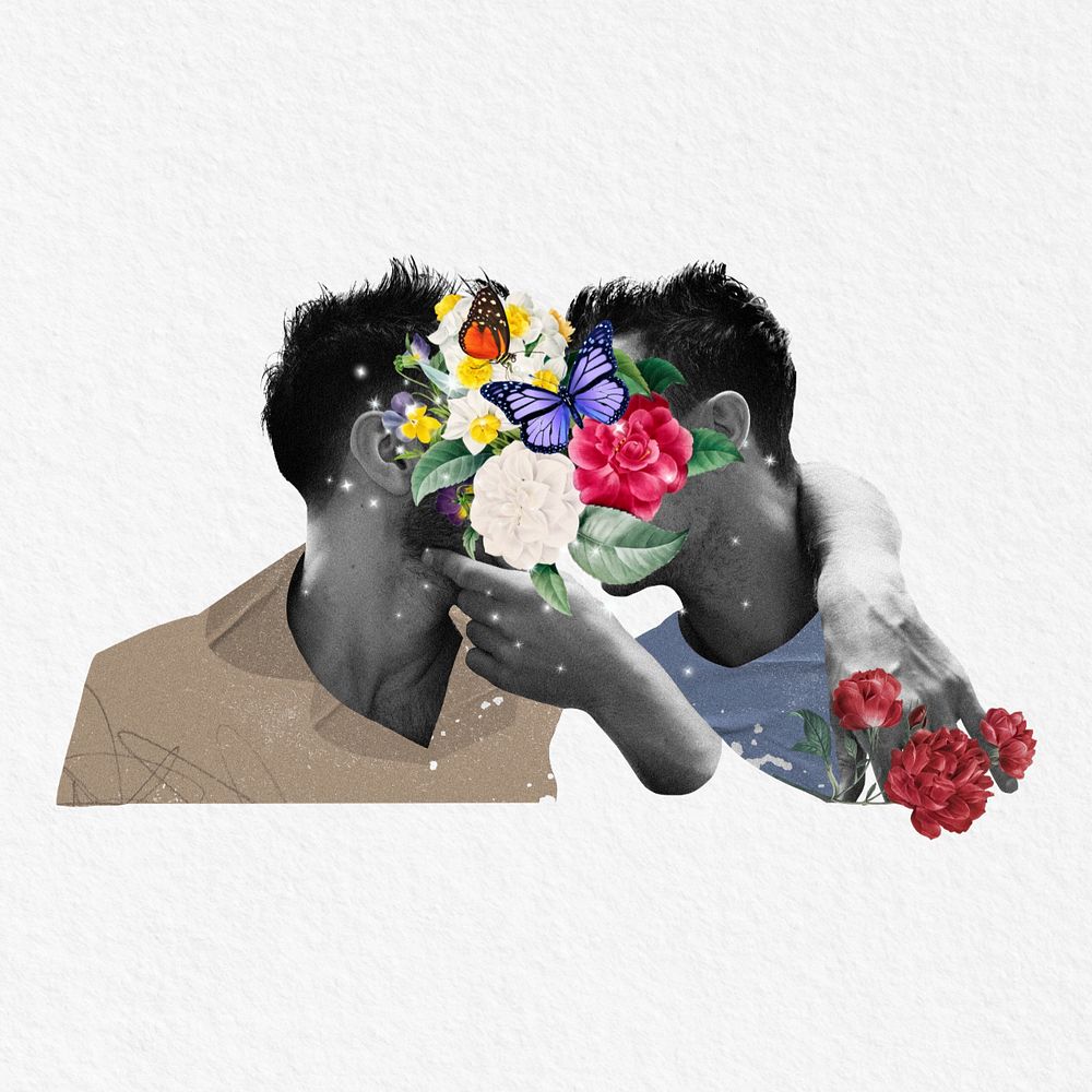 Gay couple kissing, surreal LGBTQ remix, editable design