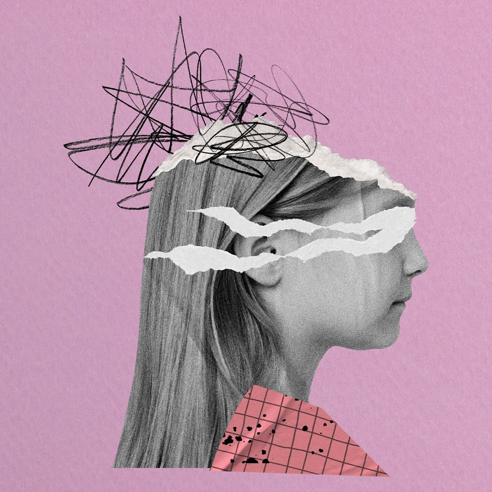 Kids mental health, scribbled head girl remix, editable design