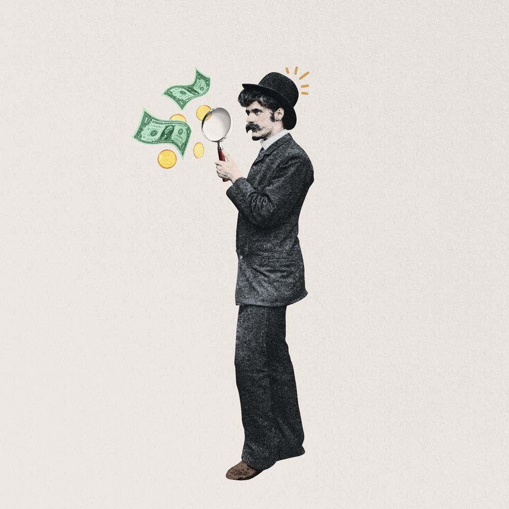 Investor finding, man holding magnifying glass, editable finance. Remixed by rawpixel.