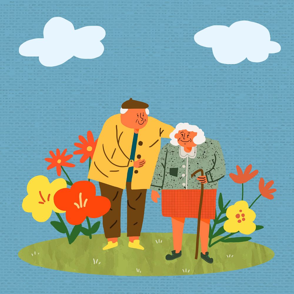 Cute senior couple doodle illustration, editable design