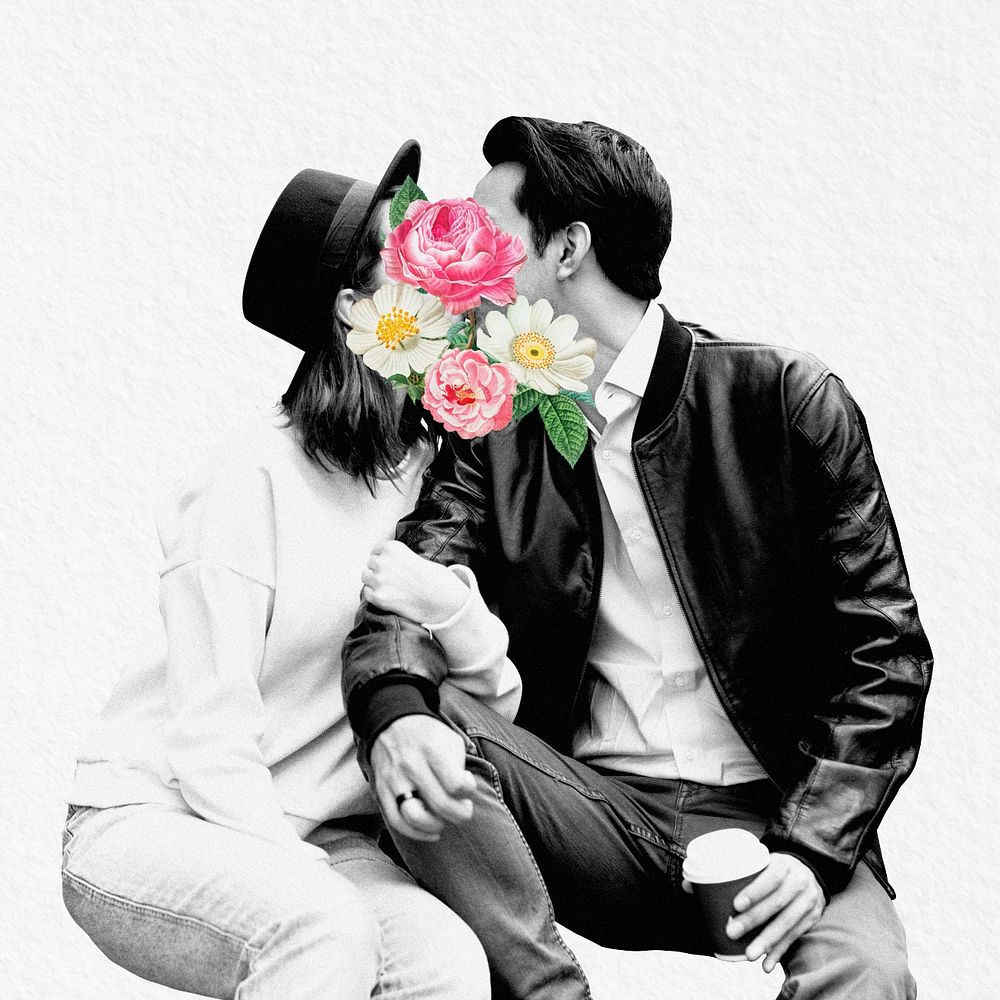 Lovers kissing, floral surreal escapism remix, editable design