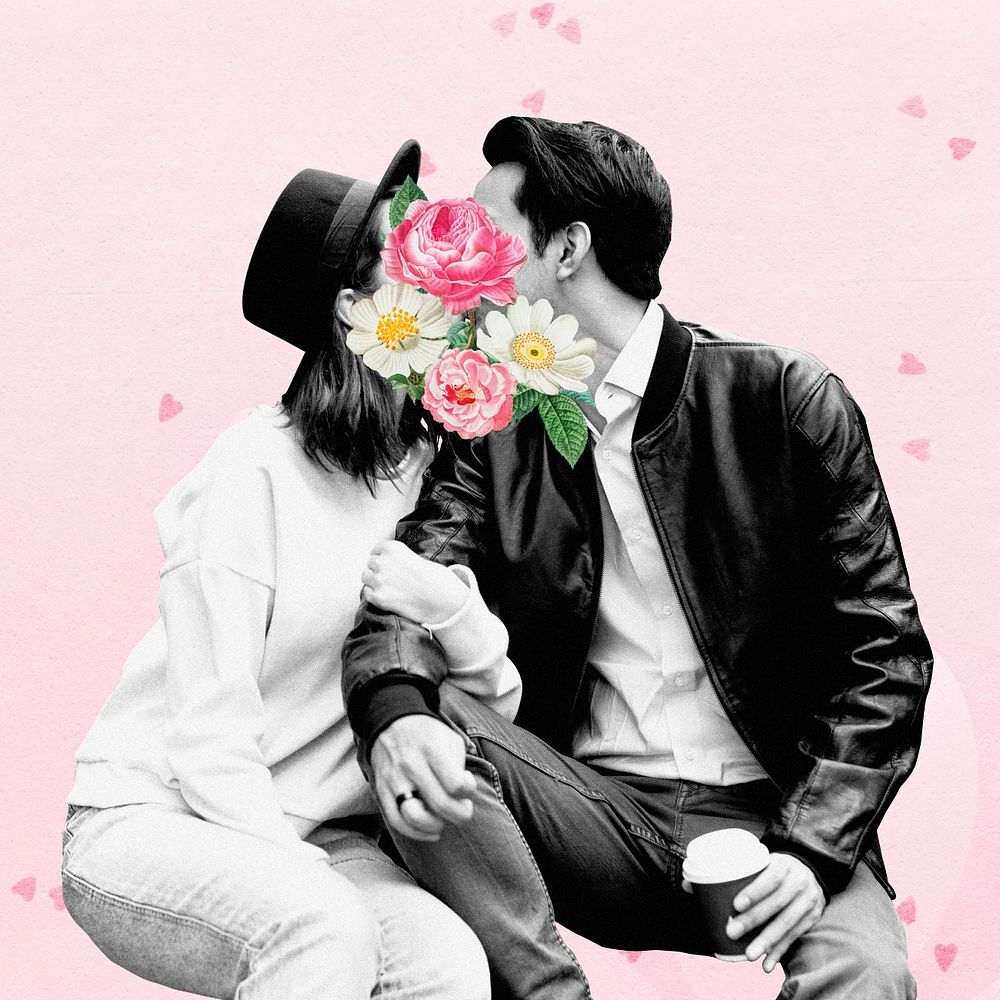 Lovers kissing, floral surreal escapism remix, editable design