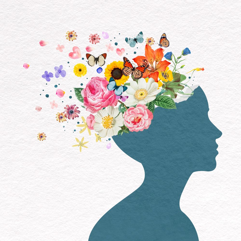 Flower head silhouette, surreal mental health remix, editable design