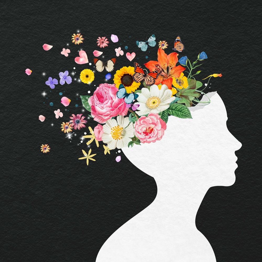 Flower head silhouette, surreal mental health remix, editable design