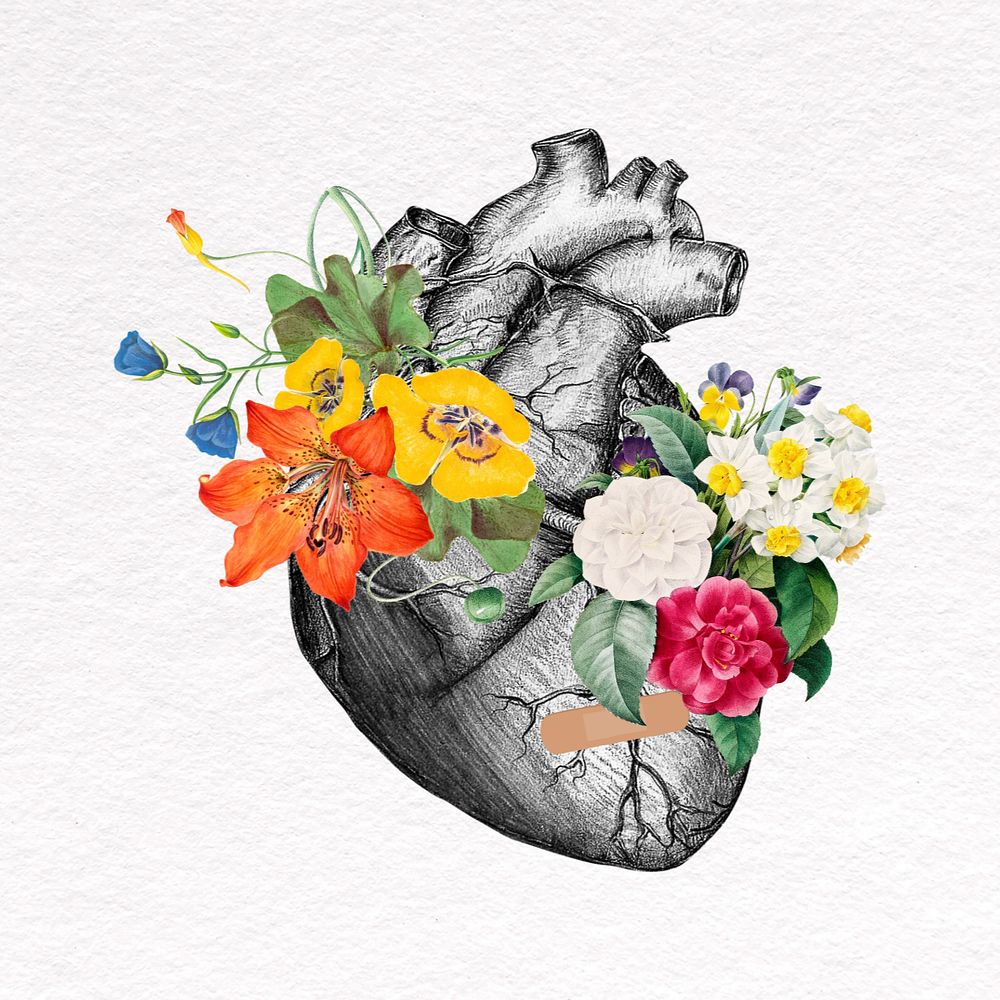 Floral human heart, surreal health collage art, editable design