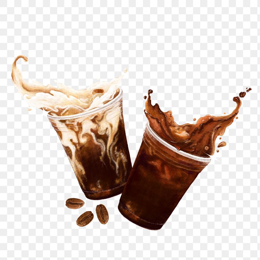 Iced coffee splash png sticker, morning beverage illustration, editable design