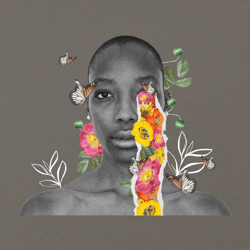 Woman crying flowers, surreal escapism collage, editable design