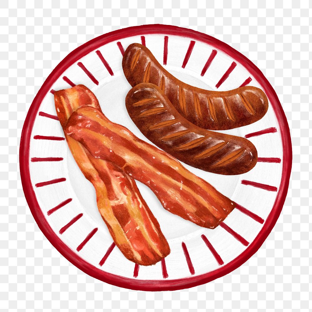 Grilled sausages png sticker, smoked bacon, breakfast food illustration, editable design