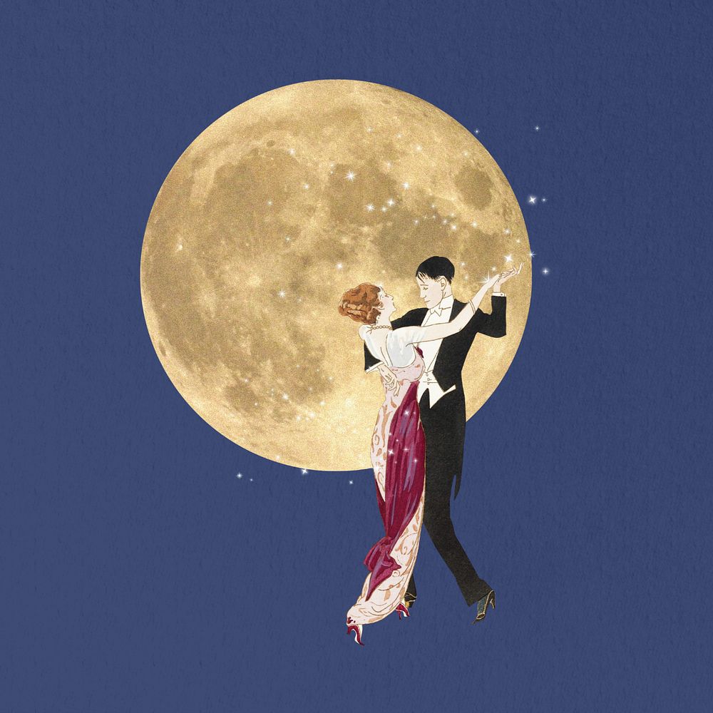 Couple dancing under the moon, vintage editable collage art. Remixed by rawpixel.