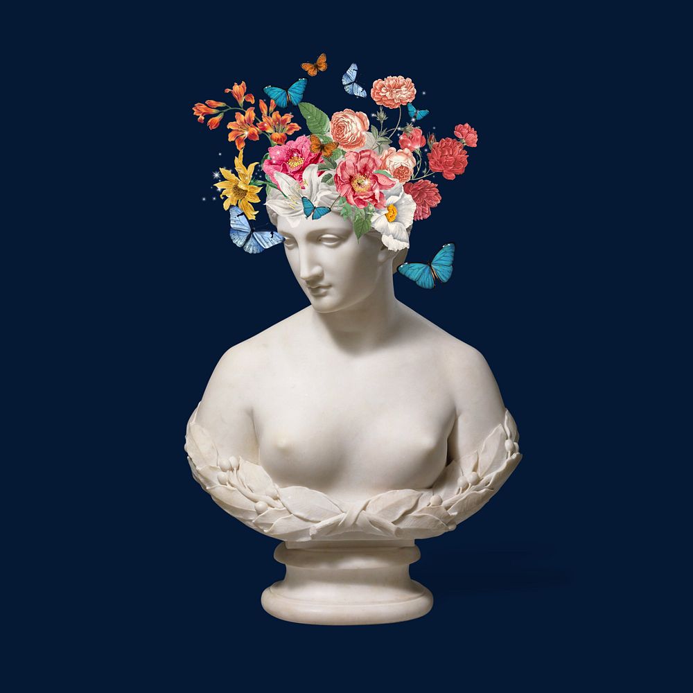 Flower headed sculpture, editable mental health collage. Remixed by rawpixel.