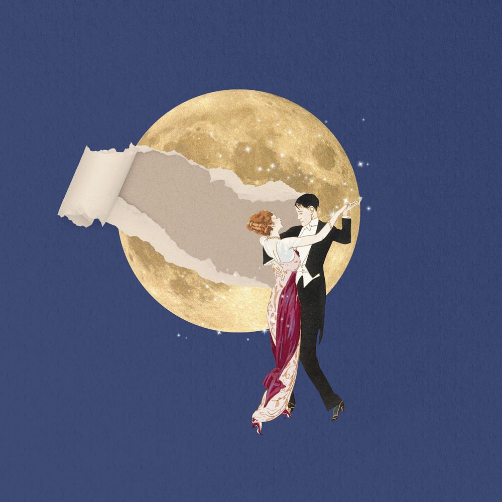 Couple dancing under the moon, vintage editable collage art. Remixed by rawpixel.