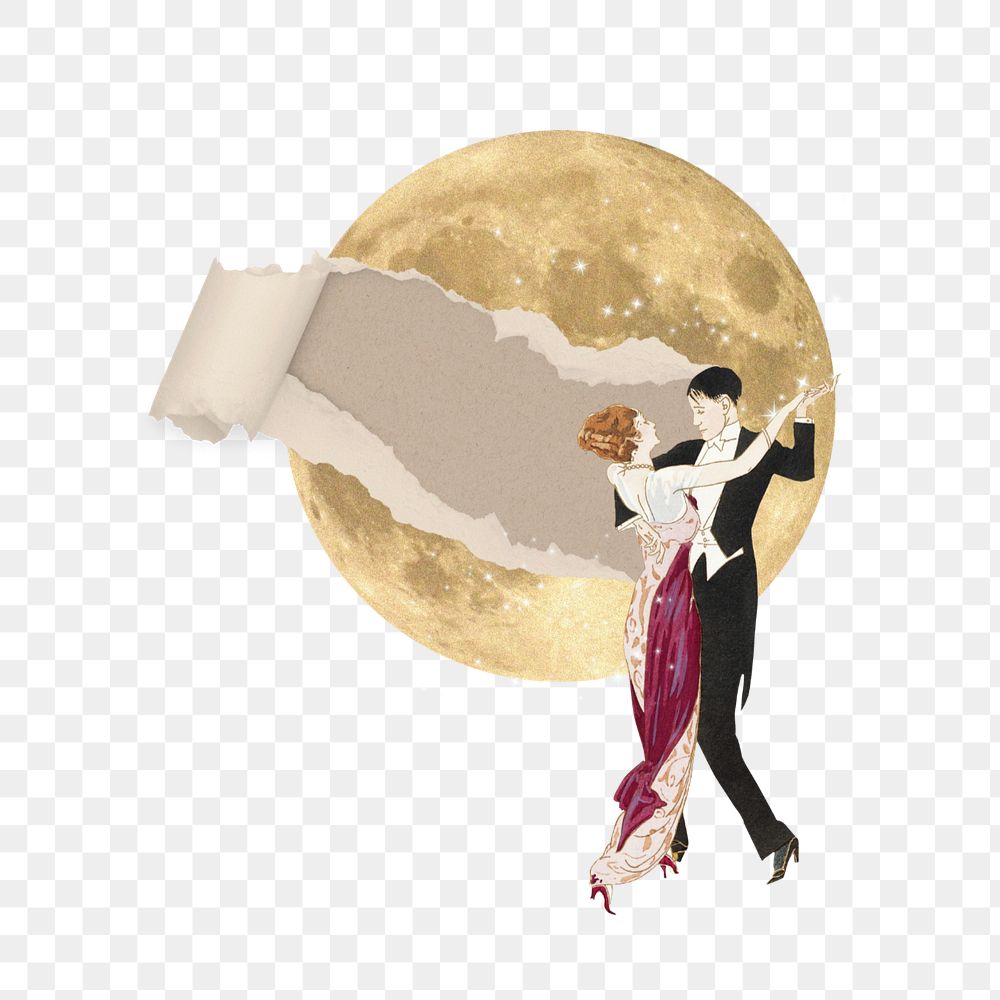 Couple dancing under the moon png, vintage editable collage art. Remixed by rawpixel.