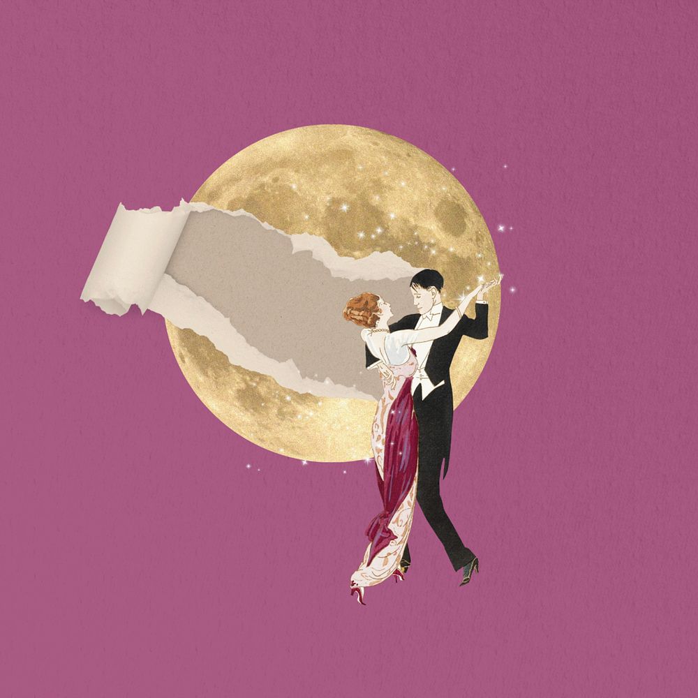 Couple dancing under the moon, vintage editable collage art. Remixed by rawpixel.