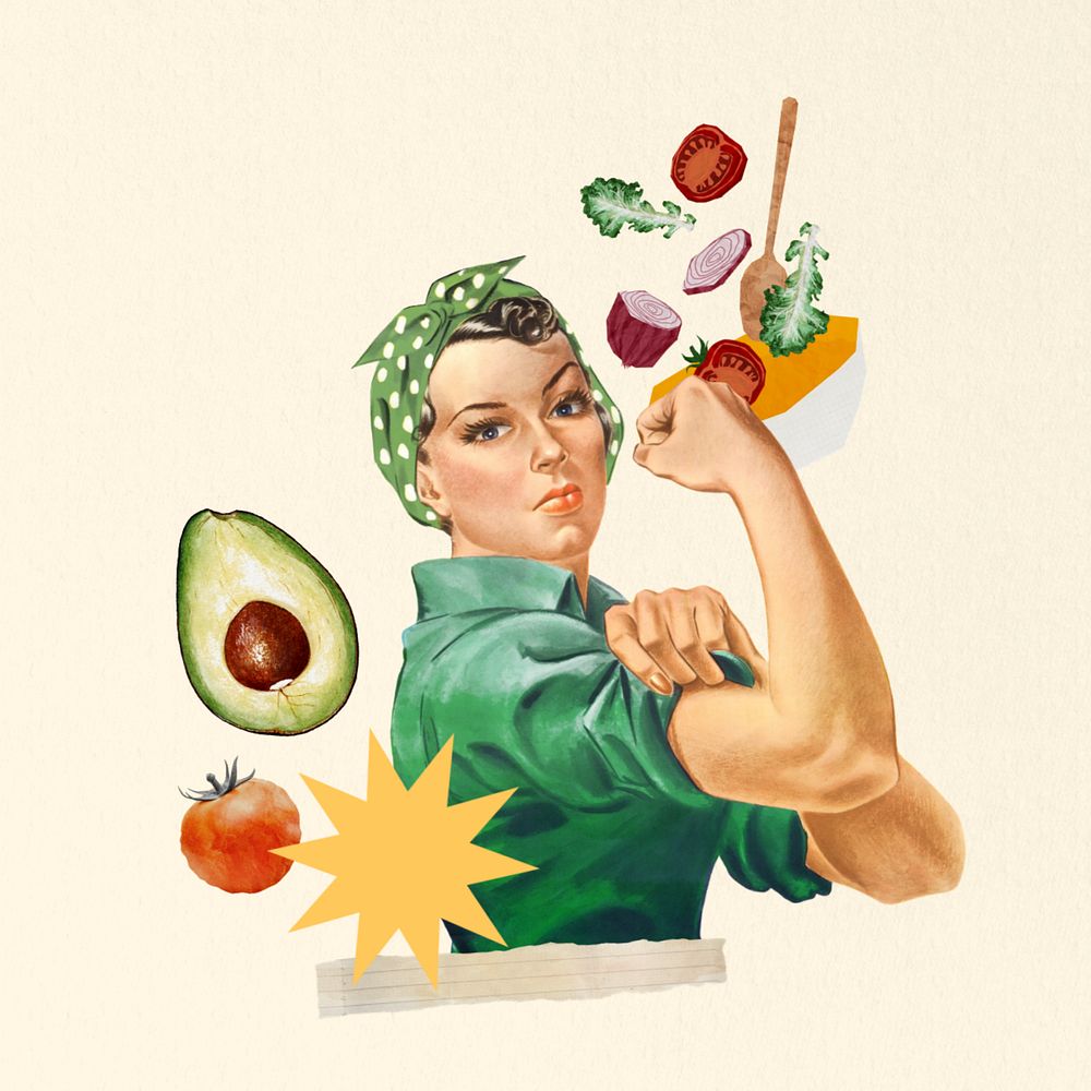 Flexing woman, healthy diet & wellness editable collage. Remixed by rawpixel.