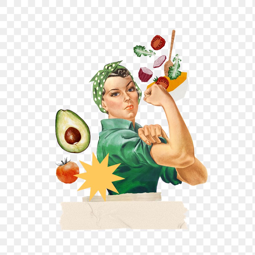 Flexing woman png, healthy diet & wellness editable collage. Remixed by rawpixel.