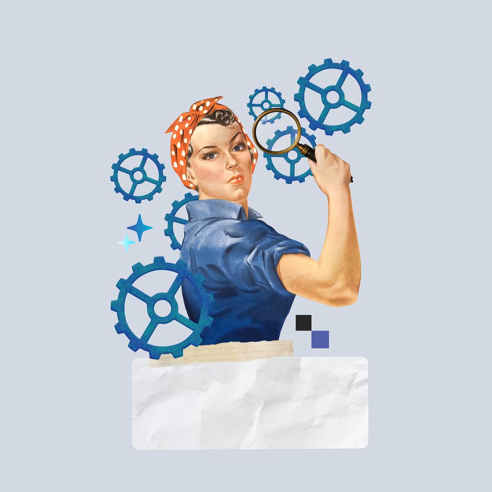 Woman holding magnifying glass, editable cogwheel business. Remixed by rawpixel.