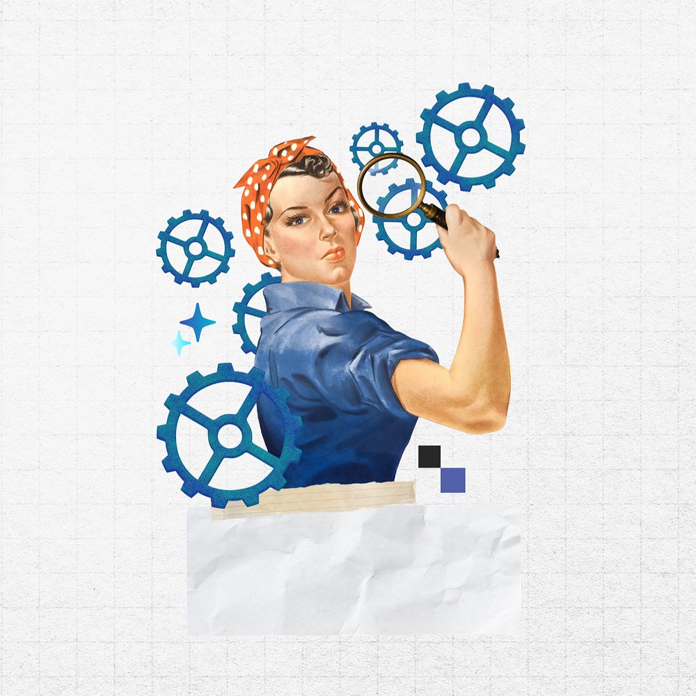 Woman holding magnifying glass, editable cogwheel business. Remixed by rawpixel.