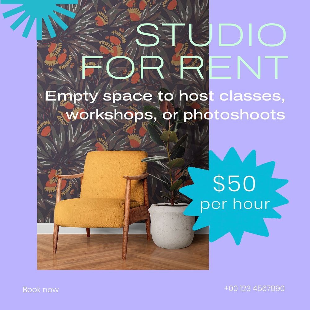 Studio for rent Instagram post template, editable design