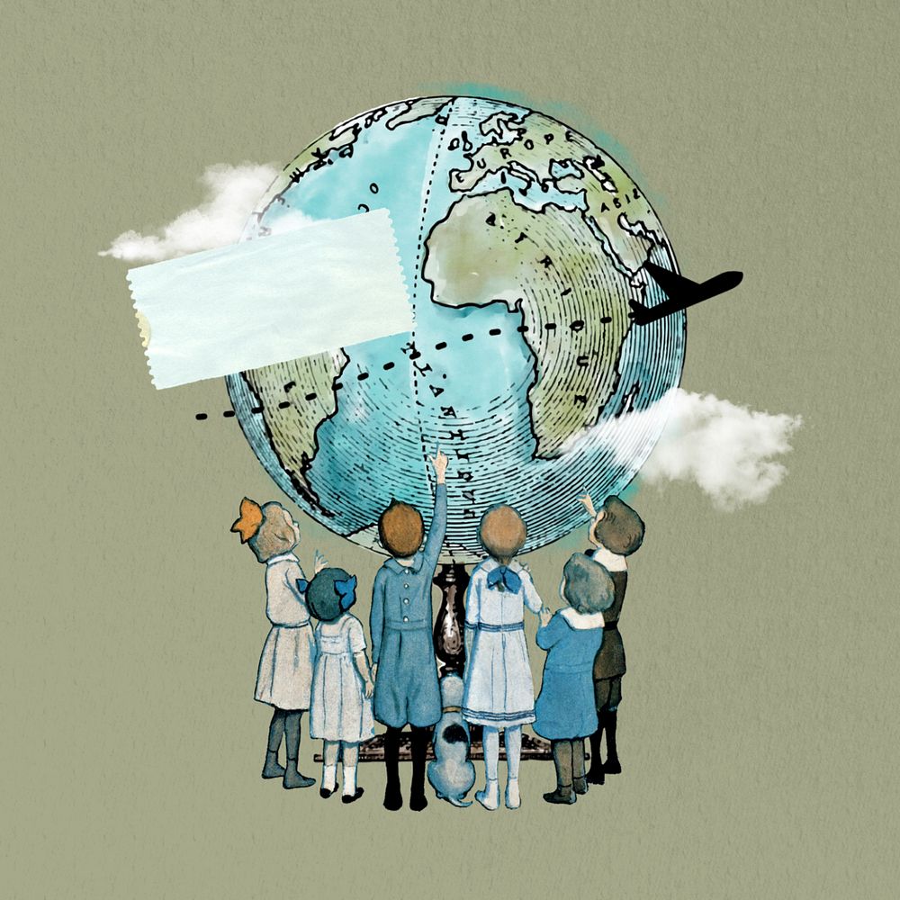 Children looking at globe, travel editable collage. Remixed by rawpixel.