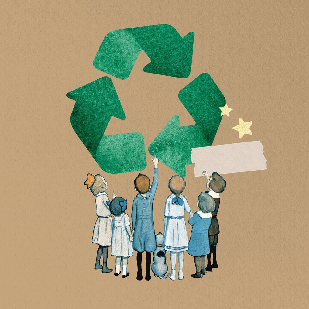 Children learning about recycling, environment editable collage art. Remixed by rawpixel.