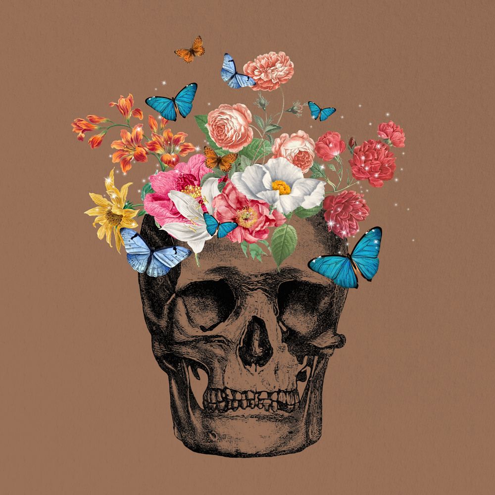 Flower human skull, editable mental health collage. Remixed by rawpixel.