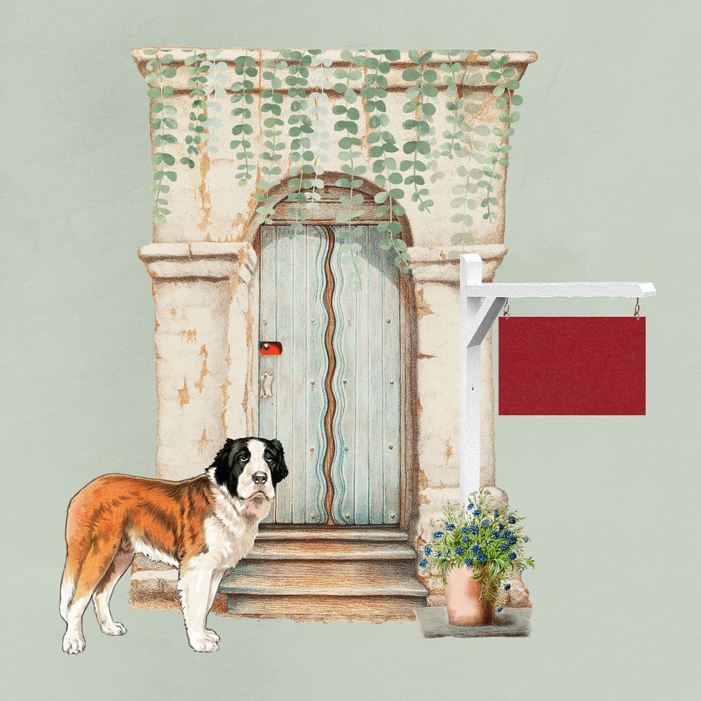 Vintage cafe entrance, editable dog collage. Remixed by rawpixel.