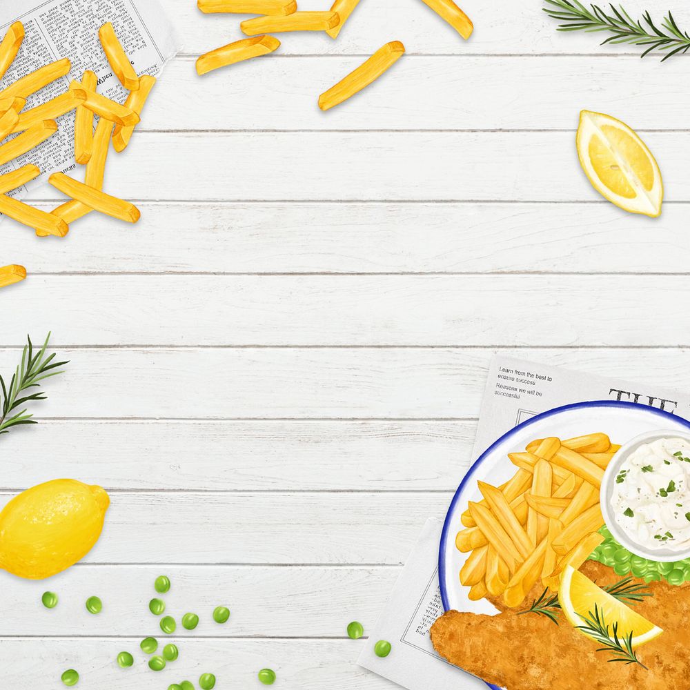 Fish and chips background, wooden table illustration, editable design