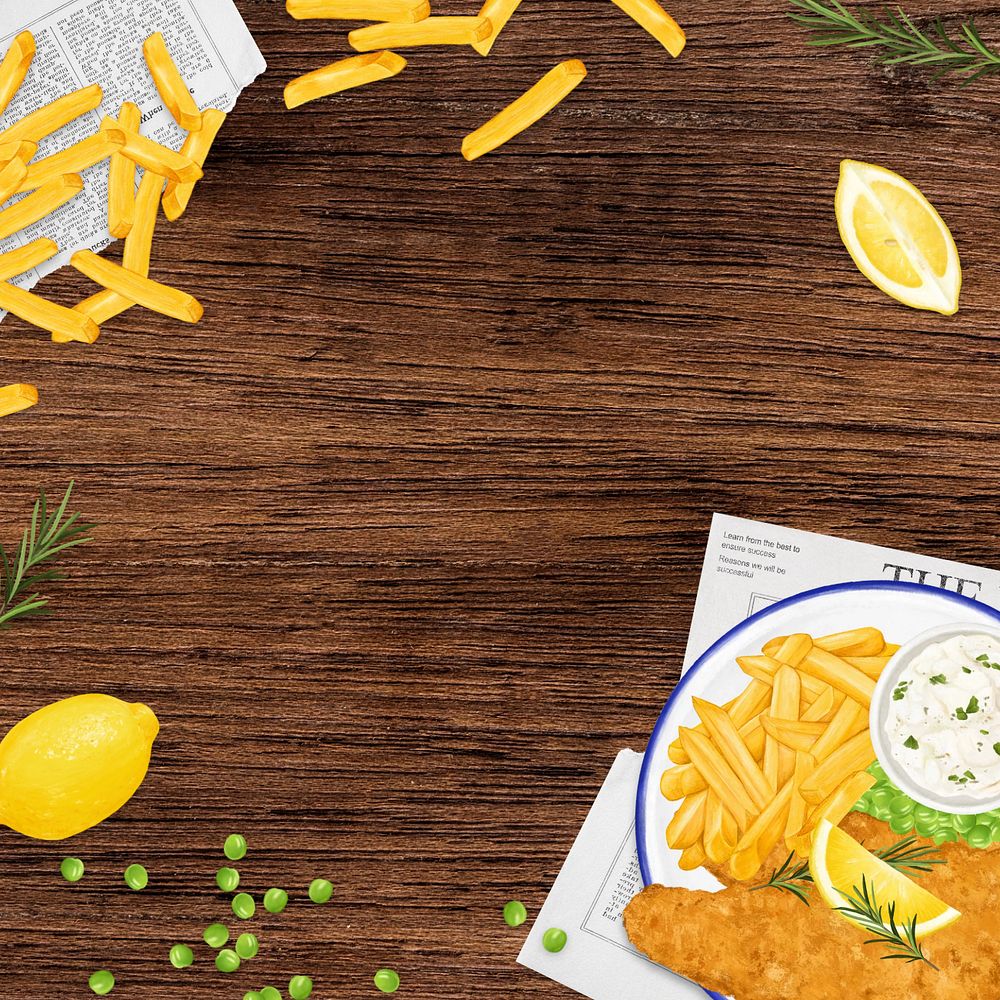 Fish and chips background, wooden table illustration, editable design