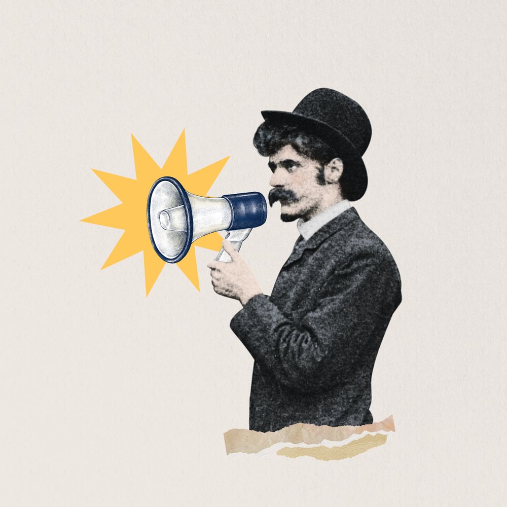 Businessman holding megaphone, editable vintage. Remixed by rawpixel.