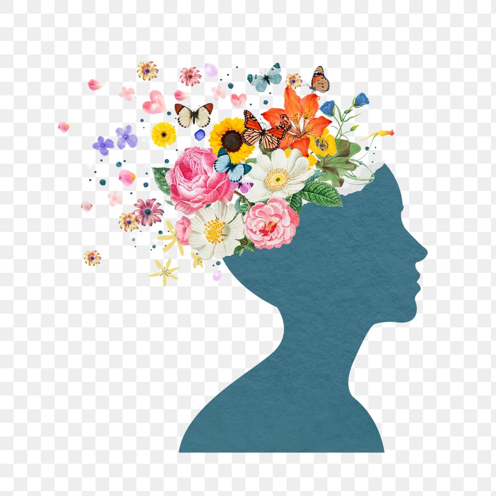 Flower head silhouette png, surreal mental health remix, editable design