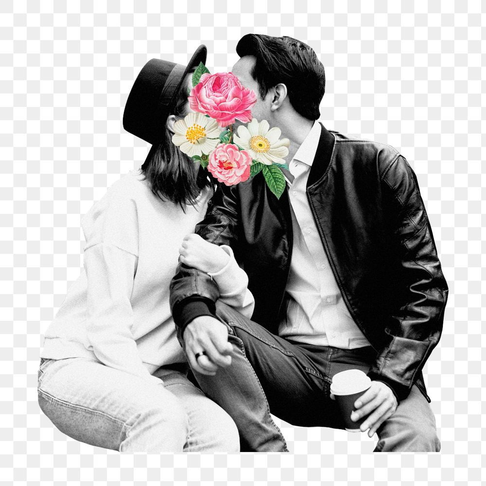 Lovers kissing, floral surreal escapism png remix, editable design