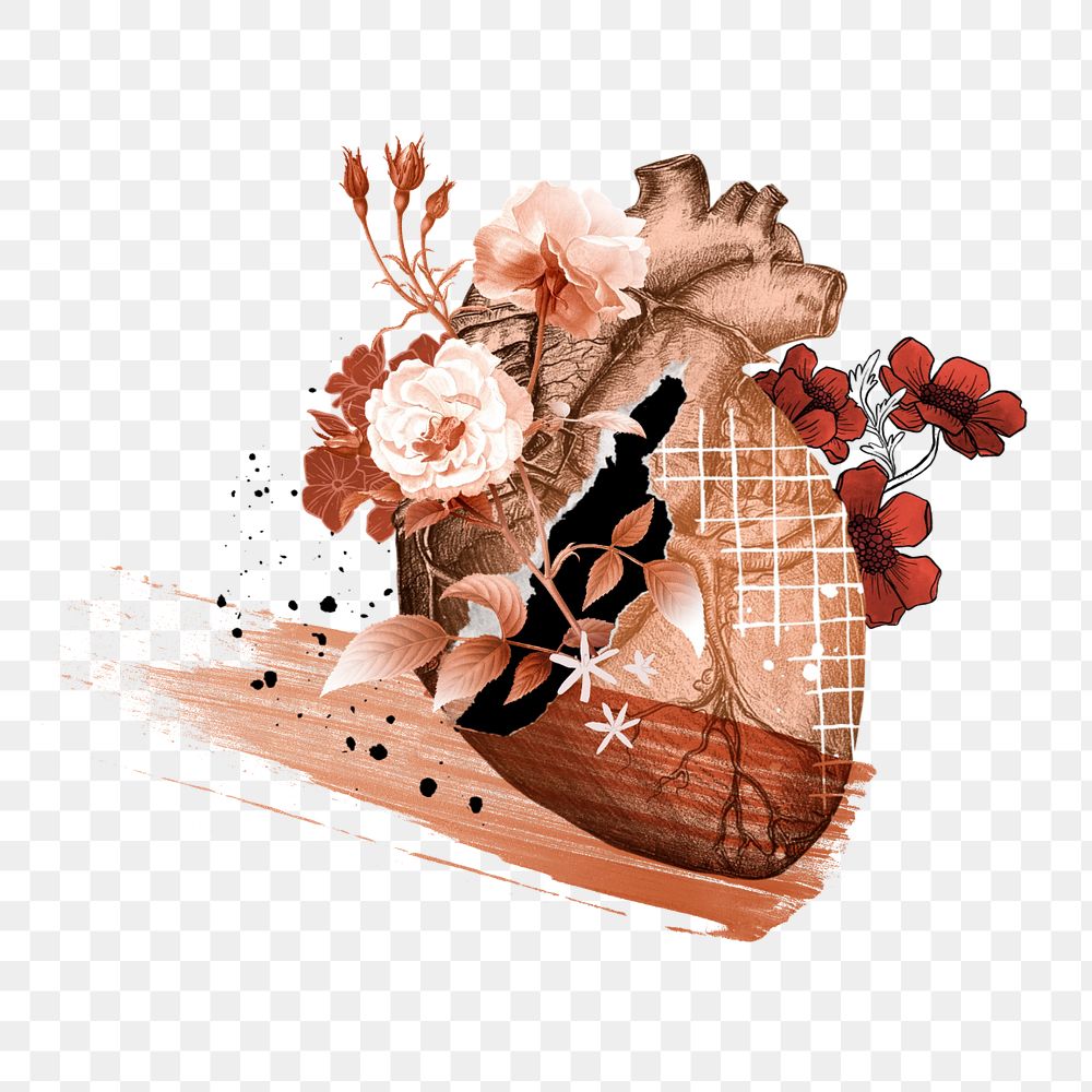 Floral human heart png, surreal health collage art, editable design