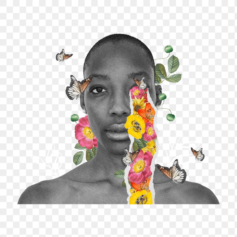 Woman crying flowers png, surreal escapism collage, editable design