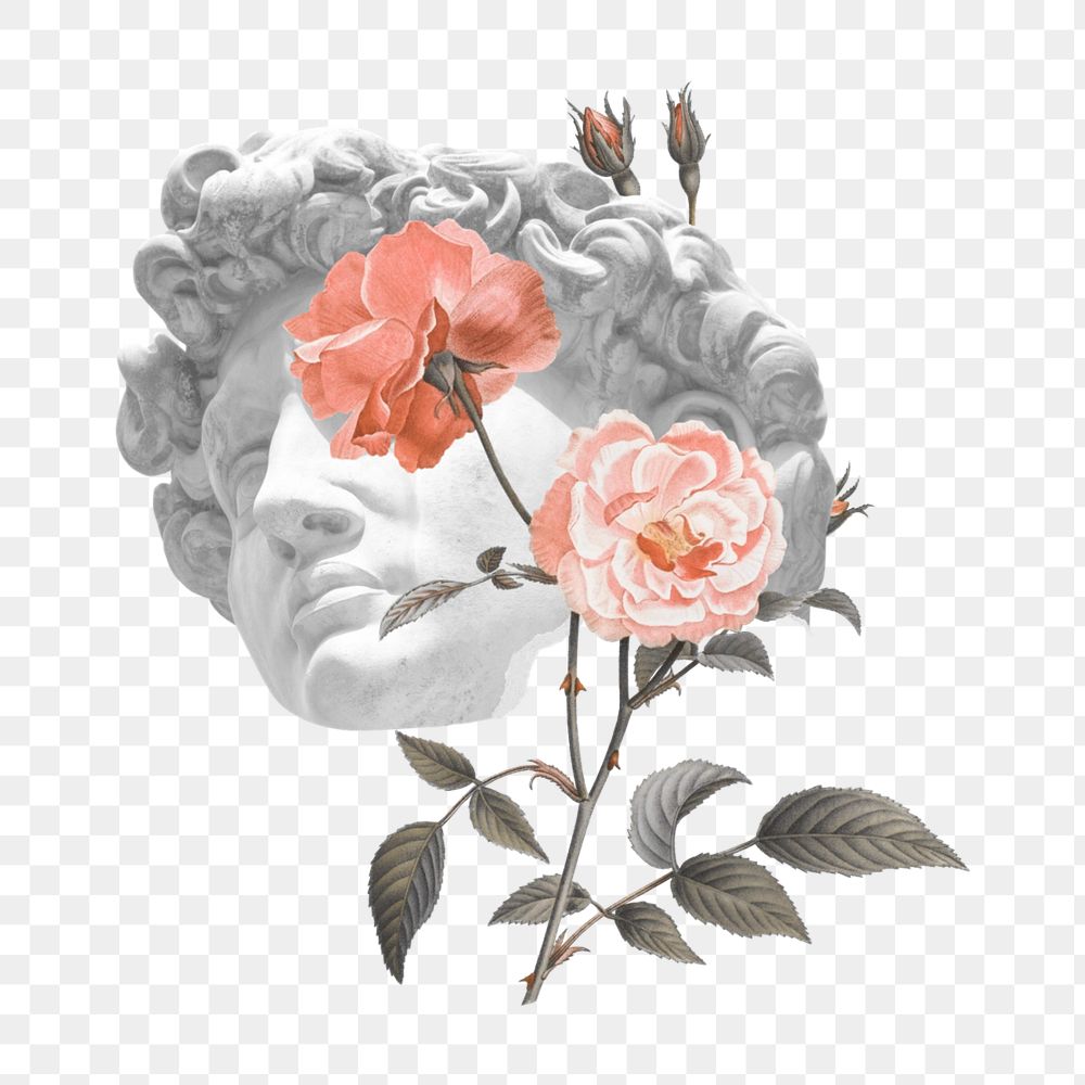 Greek God statue with rose flower png remix, editable design