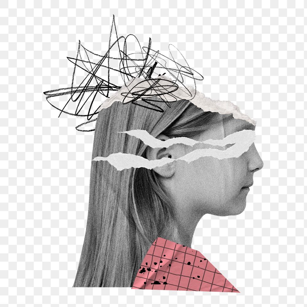 Kids mental health png, scribbled head girl remix, editable design