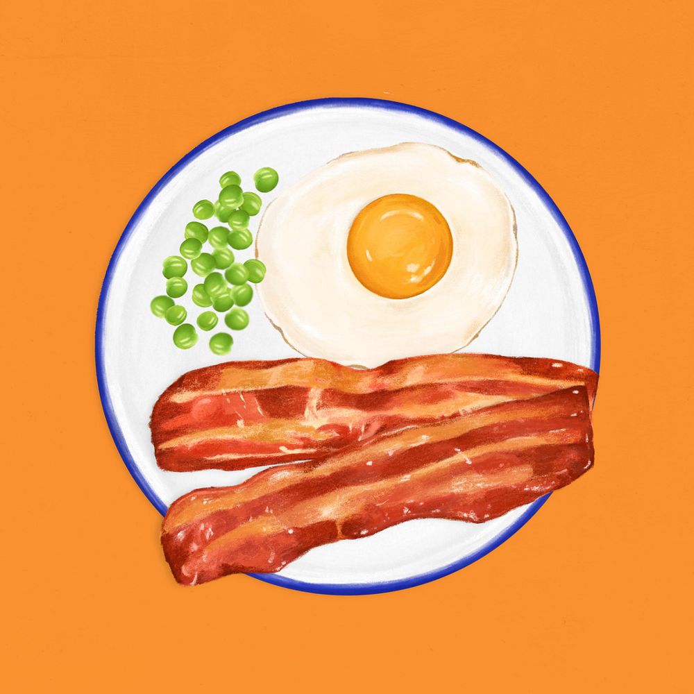 Sunny side up, smoked bacon and beans, breakfast food illustration, editable design