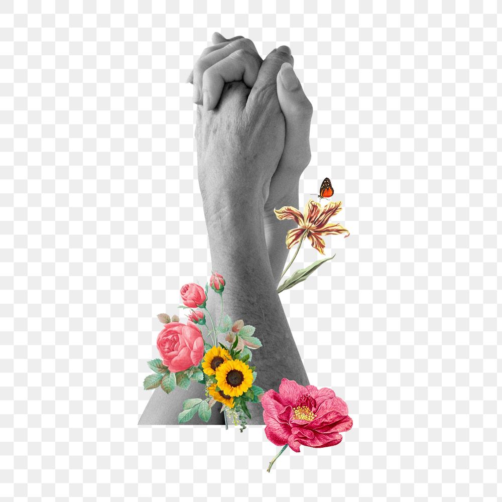 Couple holding hands png, surreal flower remix, editable design