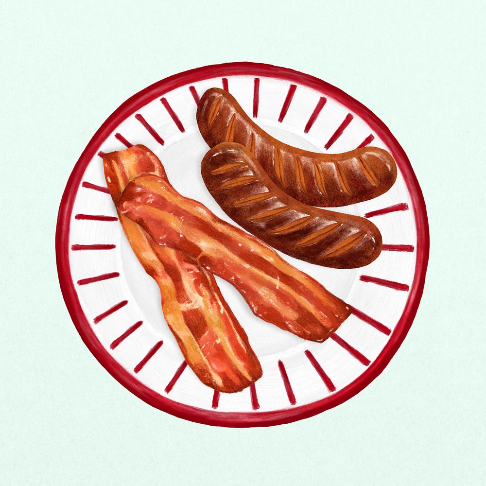 Grilled sausages and smoked bacon, breakfast food illustration, editable design