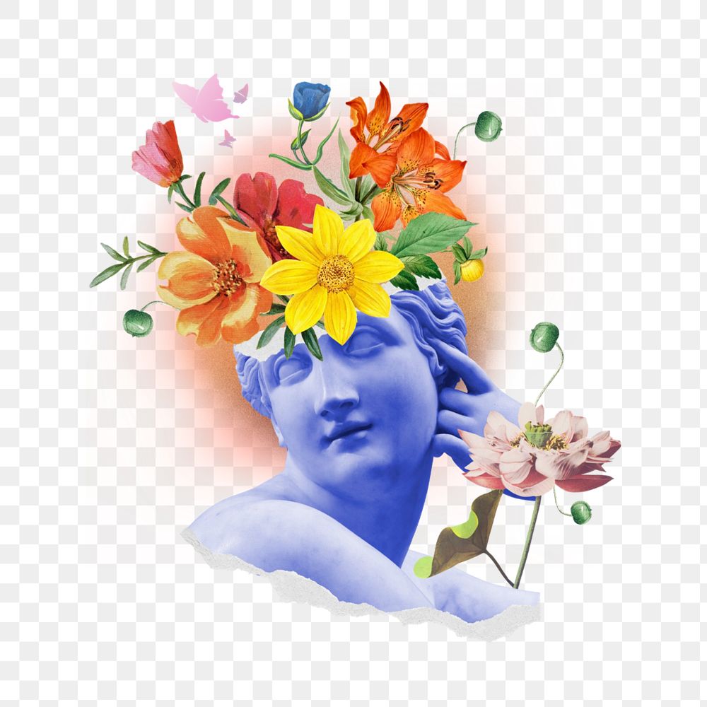 Floral head statue png, surreal mental health remix, editable design