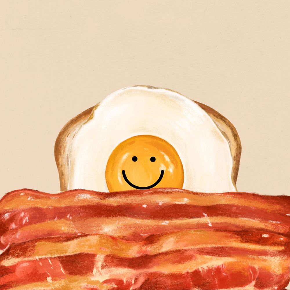 Smiling fried egg, toast & bacon, breakfast food illustration, editable design